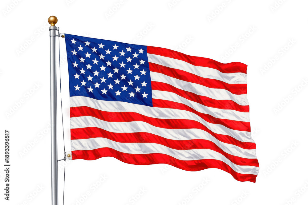 Obraz premium United states flag, also known as stars and stripes, waving on a metal flagpole against a transparent background