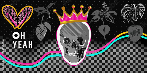 A vibrant surreal illustration featuring a skull heart and crown