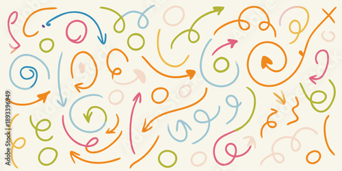 Colorful abstract pattern of arrows swirls and loops on a cream background