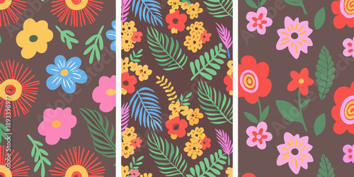 Colorful floral pattern with stylized flowers and tropical leaves