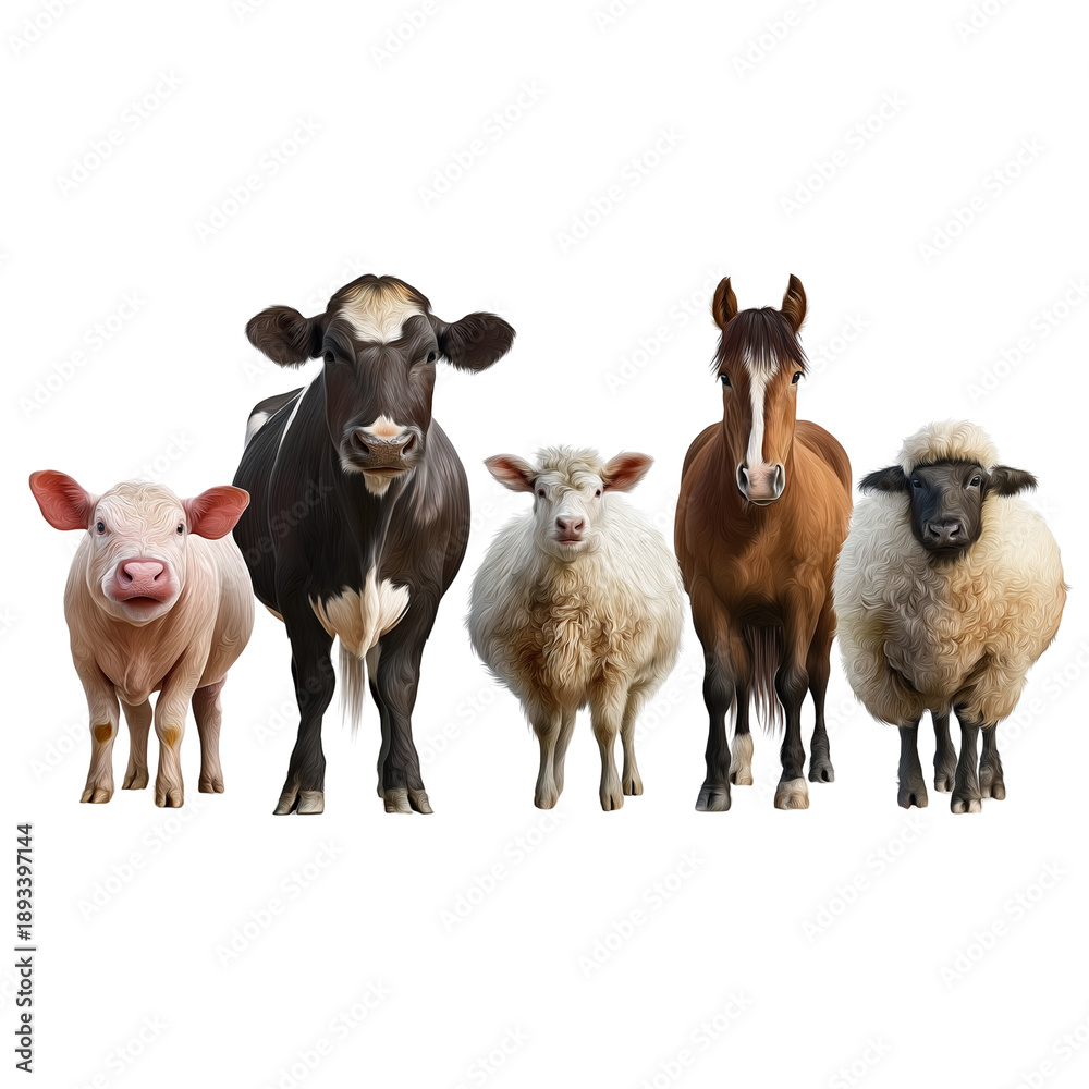 Fototapeta premium Five farm animals standing in a row Keywords: farm animals, cow, calf, sheep, lamb, horse isolated on a transparent background