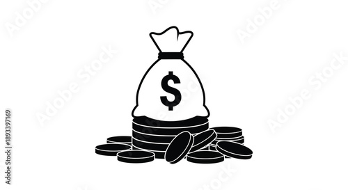 Black silhouette of a money bag and coins a symbol of wealth silhouette