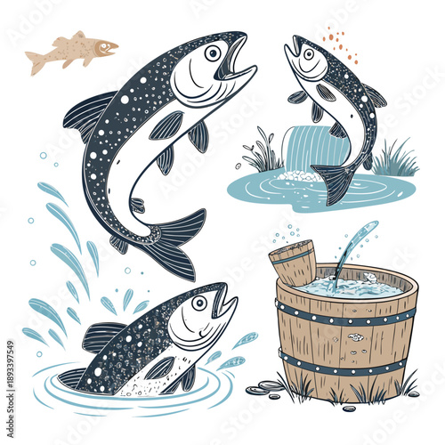 Minimalist continuous line art of a jumping salmon fish; Modern trout silhouette vector illustration for elegant minimalist logo and print design.