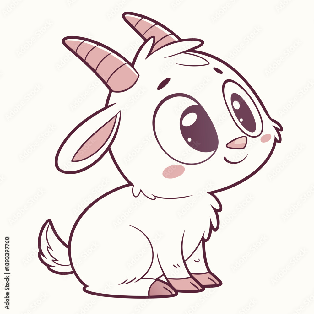 Fototapeta premium Cute Baby Goat Cartoon Character with Large Eyes, Adorable White Goatling Mascot Illustration for Kids Nursery and Storybook.