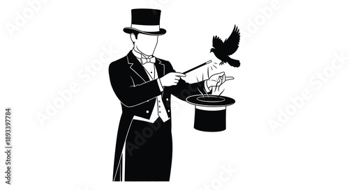 A magician performs a trick with a bird and hat black silhouette