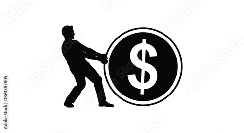 Man straining to push a large dollar sign black graphic silhouette