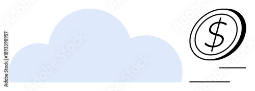 Cloud technology, online payments, digital currency, financial transactions, data storage, fintech solutions. Simple cloud icon with a dollar coin in motion. Cloud technology and online payments