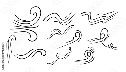 Set of wind line. hand drawn swirl air flow doodle. swirl, waves, spirals, squiggles, curves, and motion lines. vector illustration