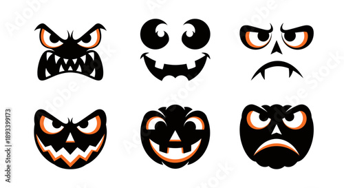 Six different carved pumpkin faces with various expressions, perfect for Halloween decorations.
