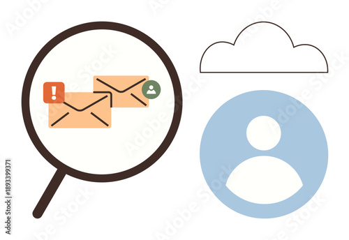 Email management, cybersecurity, cloud storage, online communication, data analysis, digital monitoring. Magnifying glass examining email icons beside cloud and user symbol. Email management