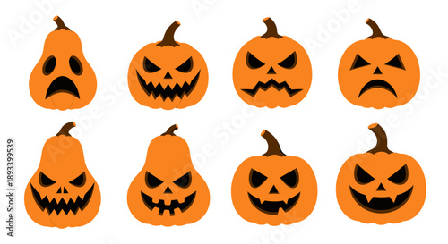 Collection of eight carved orange pumpkins with various spooky and scary facial expressions.