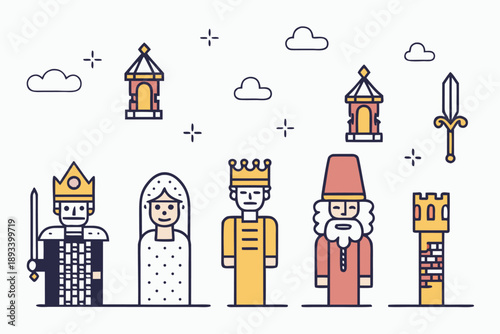Medieval fantasy vector characters and kingdom elements. flat line art illustration with king, queen, wizard, prince, castle towers, and sword for games, apps, web, and kids stories.