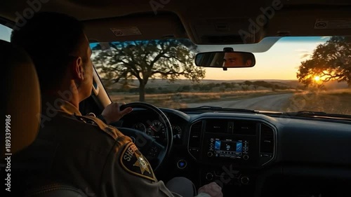 A male sheriff deputy in uniform driving a patrol vehicle through a rural landscape at sunset, looking out at the rolling hills and trees.