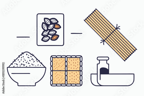 Traditional japanese food elements: rice, miso soup, and sushi