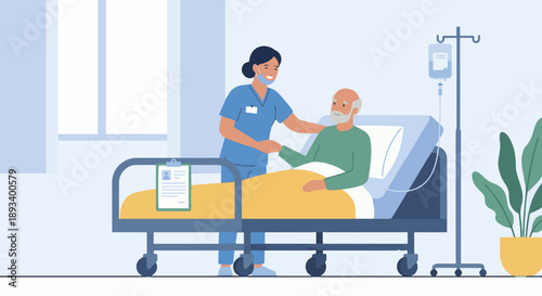 Nurse Caring for Patient
A flat vector illustration of a nurse standing beside a patient’s bed, providing care and support. Medical chart and IV stand visible. Clean flat vector style, solid colors, 