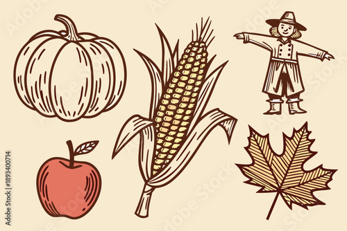 Autumn harvest icons set - pumpkin, corn, scarecrow, apple, and maple leaf