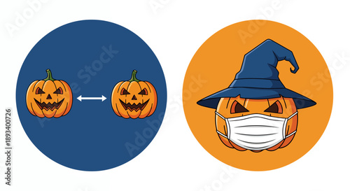 Two Halloween pumpkin illustrations, one showing social distancing, the other wearing a mask.