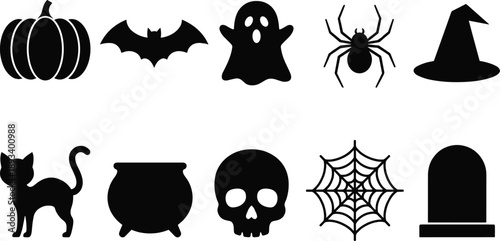 Black Halloween Silhouette Icon Set Featuring Pumpkin Bat Ghost Spider Witch Hat Cat Cauldron Skull Spiderweb and Tombstone Vector Elements