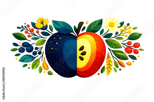 Artistic Half Fruit with Floral Nature Design