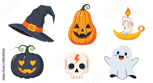 A collection of Halloween-themed illustrations featuring a witch's hat, pumpkins, a candle, skull, and a cute ghost.
