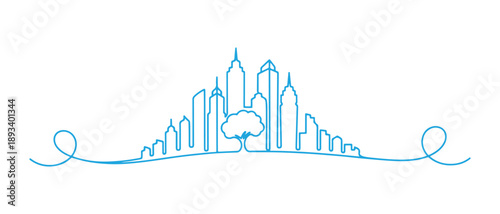 Buildings represented as a line icon. One continuous line with a curl. City architecture that includes a tree sign. Symbol of a skyscraper. A single outline ribbon for buildings. Looping curve design.