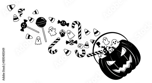 Black and white illustration of a pumpkin spilling candy and treats for Halloween.