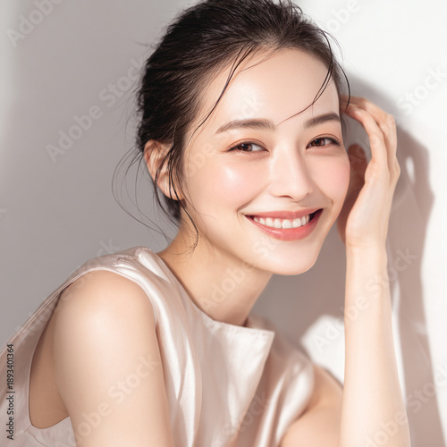 白い歯と美しい肌の笑顔の女性。美容、スキンケア、オーラルケア用素材。