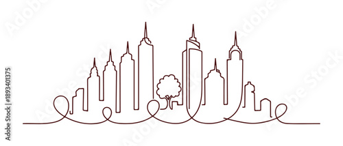 Line icon of buildings. A continuous line with a curl. City architecture featuring a tree symbol. Icon of a skyscraper. Single outline of buildings in a ribbon style. Curved loop pattern. Vector