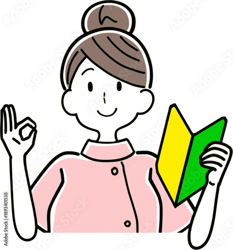 初心者マークで案内する女性看護師のイラスト