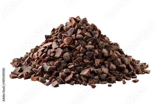 Pile of dark, broken cacao nibs