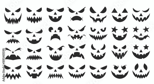 Collection of various spooky jack-o'-lantern faces with different expressions for Halloween.