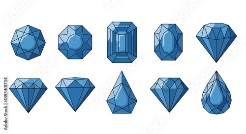 Collection of diverse blue gemstone cuts presenting varied brilliance and shapes for jewelry design