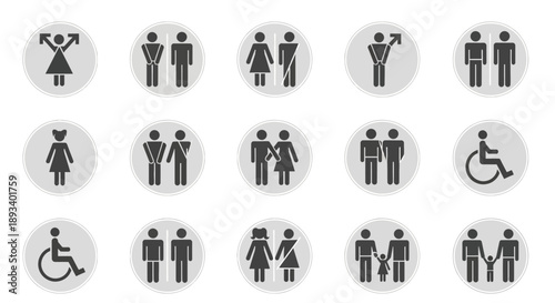 Diverse restroom and facility sign collection representing varied gender identities and family