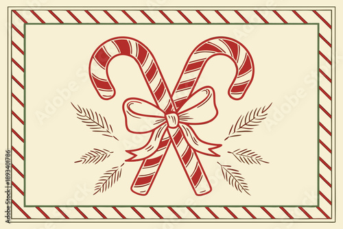 Vintage christmas candy canes with bow and pine needles vector illustration. classic holiday sweet treat decoration design element. festive winter season greeting card background.