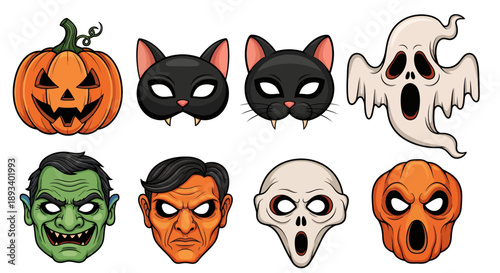 Collection of Halloween-themed masks and faces, including a pumpkin, cats, and ghosts.
