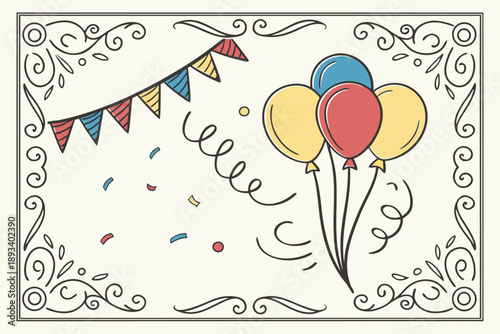 Hand-drawn vintage style party celebration vector illustration with colorful balloons, festive pennant banners, and falling confetti for birthdays, holidays, and events, on light background.