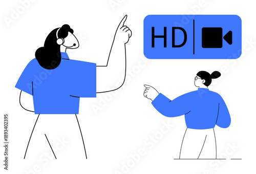 Communication, technology, video conferencing, education, broadcasting, streaming media. Stylized figures point at HD video icon. Communication and technology illustrated with visual interaction