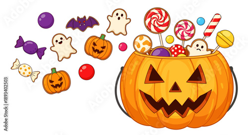 A vibrant illustration of a pumpkin bucket overflowing with Halloween candies and treats.