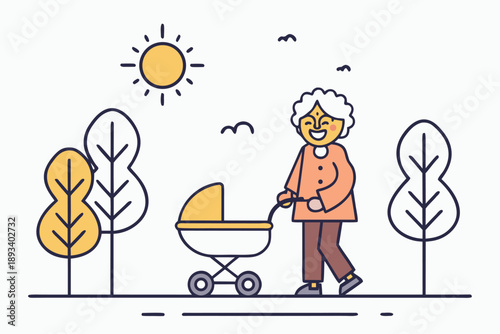 Smiling senior grandmother pushing baby carriage in park on sunny day. happy elderly woman walking with grandchild in pram. vector illustration of family care, generations, and outdoor activity.