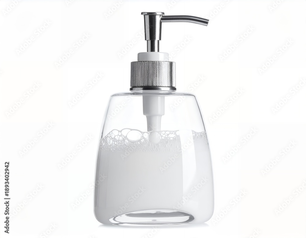 Obraz premium White soap dispenser with silver pump isolated on white background