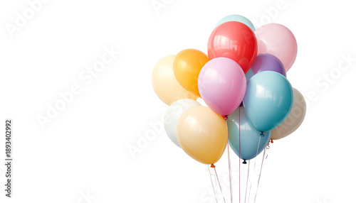 A vibrant bunch of colorful pink and white helium balloons on strings creates a happy celebration group isolated on white for a festive birthday party or anniversary decoration