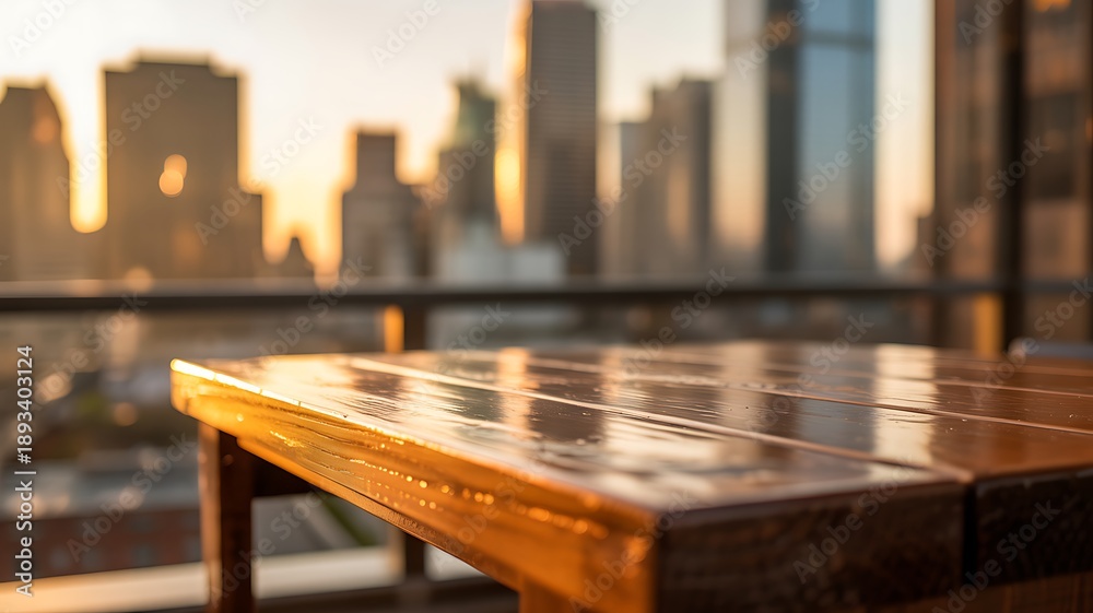 Fototapeta premium Wooden table overlooking the city skyline at sunset dusk golden hour