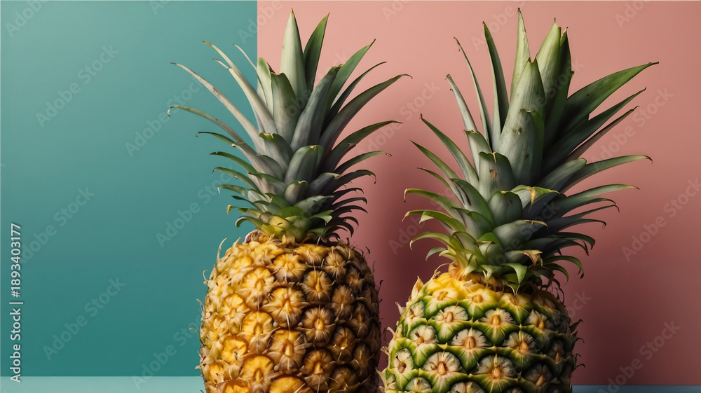 Fototapeta premium Two Ripe Pineapples on Pastel Color Background