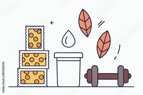 Health and wellness lifestyle vector illustration: diet, nutrition, exercise, and natural elements for a balanced life - flat line art design