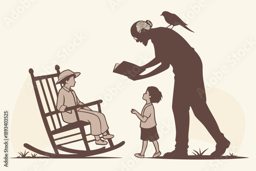 Intergenerational learning vector illustration: family sharing stories, wisdom, and knowledge with grandparent, adult, and curious child