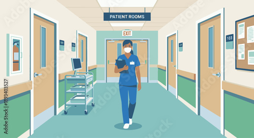 Nurse in Hospital Corridor
A flat vector illustration of a nurse walking through a hospital corridor. Doors, signs, and carts visible. Flat vector style, everyday hospital environment.