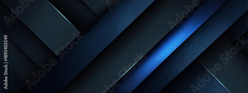 A geometric abstract composition featuring layered diagonal rectangles in shades of blue and gray