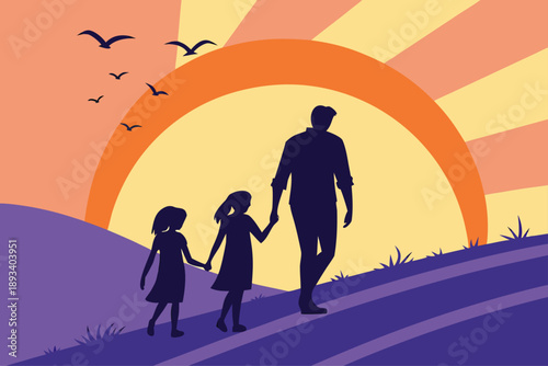 Father and two daughters walking hand in hand uphill towards sunset silhouette vector illustration. family bonding, childhood memories, nature exploration, warm evening light, outdoor adventure.