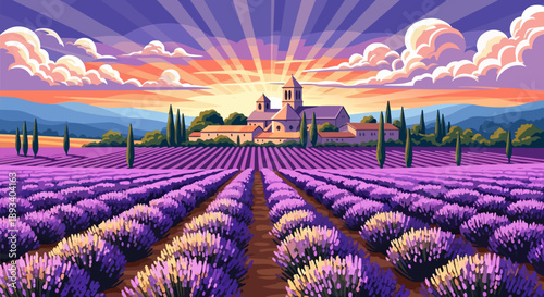 Beautiful lavender field vector illustration with monastery and sunrise, Provence landscape