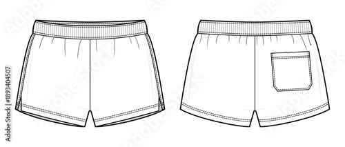 Future Core Relaxed Shorts Technical Fashion Illustration. Unisex Elastic Waist Shorts with Patch Pocket. Front and Back View. Athleisure Streetwear CAD Mockup.